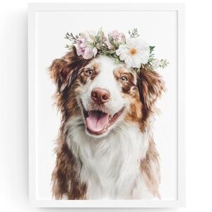 Watercolor Australian Shepherd Dog Portrait Wall Art Print, Unframed